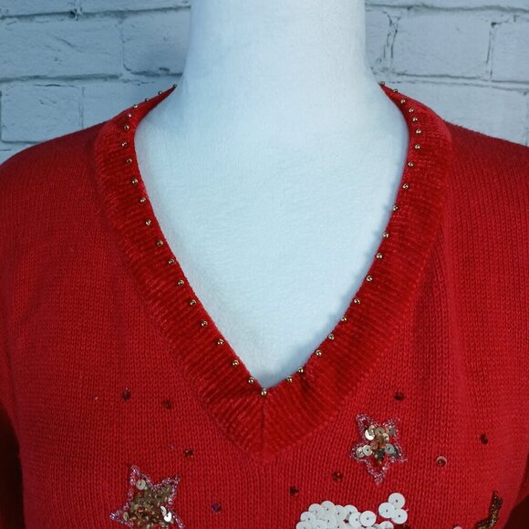 WOMENS VINTAGE QUACKER FACTORY PATRIOTIC SEQUIN FLAG SWEATER, SMALL - Picture 11 of 12